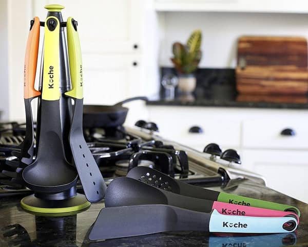 Premium 6-Pieces Heat Resistant Nylon Silicone Raised UP Kitchen Cooking Utensils Set with Holder and 360 Degree Rotating Carousel Stand (Multi Color)