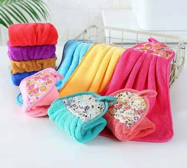 pack of 2 Khillayox Microfiber Wash Basin Hanging Hand Kitchen Towel Napkin with Ties | Soft Hanging Hand Towel for Bathroom & Kitchen-  (15" x 10")- (Yellow,Blue,Pink,Red)