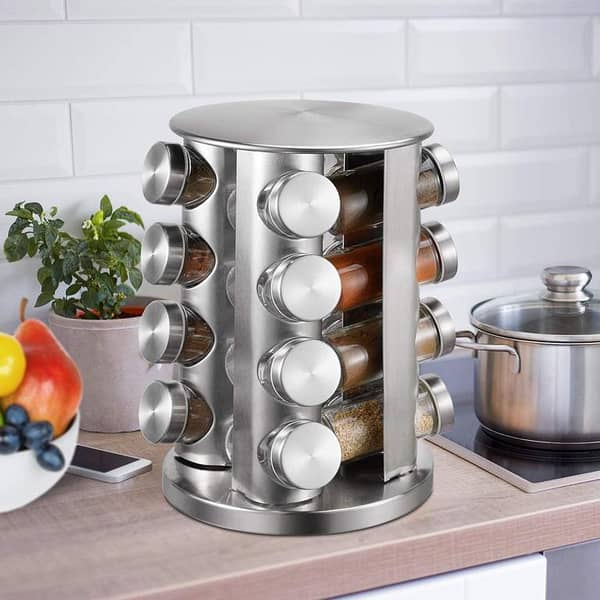 Spice Rack, kitchen rack with 16 Set of Spice Jars, Round Stainless Steel Spice Rack, Revolving Countertop Spice Rack tower, Carousel Seasoning Storage Organization for Home & Kitchen