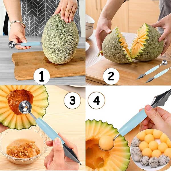 2 Pack. 2 IN 1 Melon Baller Scoop,Stainless Steel Fruit Decoration Carving Knife,Melon Watermelon Cantaloupe Ice Cream Sorbet Dessert Dual Function Ball Spoon for Kitchen Tools