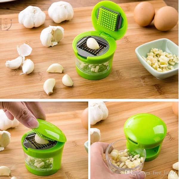 Garlic Press, Chopper, and Storage Container, Includes Silicone Garlic Peeler, Easy to Clean, Stainless Steel Blades, Green
