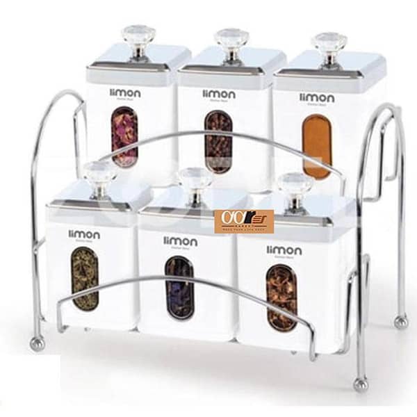 Set of 6 Limon Rectangular Airtight Spice Jar & Rack with Metal Base