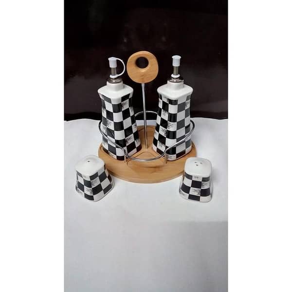 Home and Kitchen Salt and Pepper Dispenser Set, Drip Spout with Wooden Tray Holder  5 pieces includes 2 oil and vinegar dispenser and 2 salt and paper