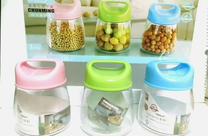 Jar Set With Acrylic Lid - Set of 3 - Transparent Glass