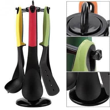 Premium 6-Pieces Heat Resistant Nylon Silicone Raised UP Kitchen Cooking Utensils Set with Holder and 360 Degree Rotating Carousel Stand (Multi Color)