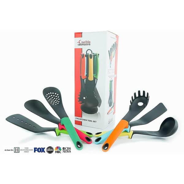 Utensils Set, 7-piece Nylon Cooking & Serving Kitchen Tools inc. Organizing 360° Rotating Stand, Kitchen Accessories Gadgets - Spatula, Turner, Ladle, Spaghetti Server, Slotted & Solid Spoon