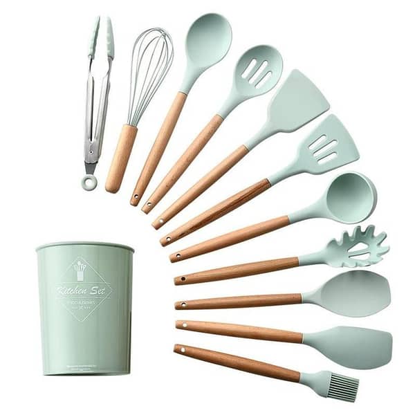 Silicone Cooking Utensils, Heat Resistant Kitchen Non-Stick Cooking Utensils Silicone Kitchen Utensil Set with Storage Box Kitchen Tools 9 Piece Set + Storage Bucket