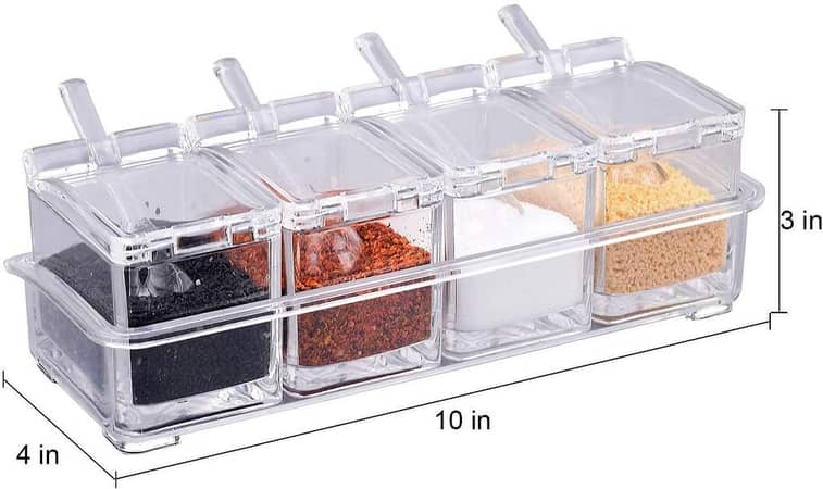 Seasoning Rack Spice Pots - 4 Piece Storage Container Condiment Jars - Acrylic Seasoning Box, Cruet with Cover and Spoon