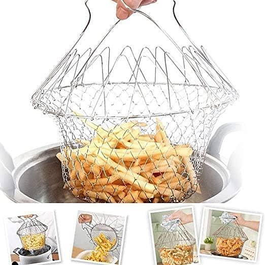 stainless steel collapsible basket: strainer, steamer, rinse, deep fryer, fruits and vegetables and more.