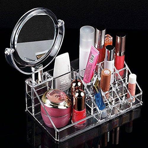 Acrylic Makeup Organizer with Vanity Mirror, Removable Double-Sided Magnifying Mirror