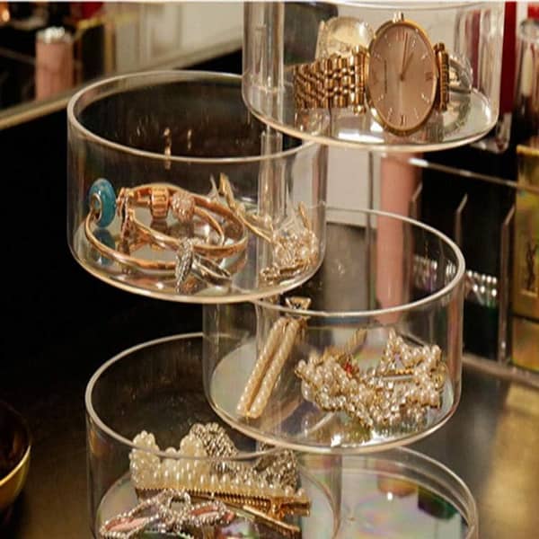 Transparent 4-Tier Rotating Jewelry Storage Box with Lid, Acrylic Makeup Organizer