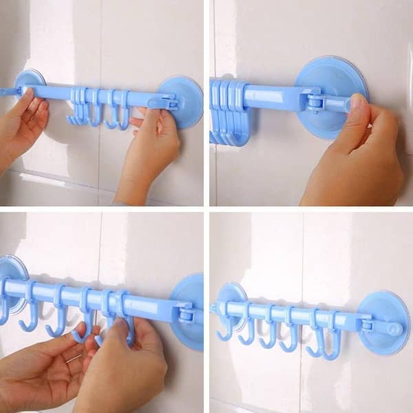 Hook Rack with Double Suction Cups and Locking 6-Linked Hooks