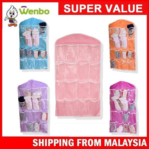 Washable 16-Grid Hanging Storage Bag for Clothes, Socks, Underwear, Bra