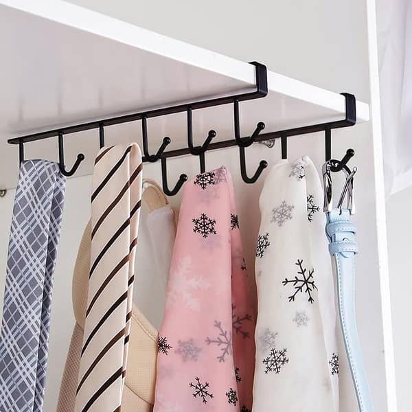 Cup Mug Holder Under Cabinet Shelf with 6 Hooks - Hanger for Belts, Towels, and Accessories (Drill-Free, 2.4 cm Thick Shelf)