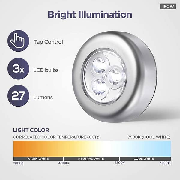 LED Battery-Powered Wireless Night Light Stick Tap Touch Lamp Stick-On Push Light for Closets, Cabinets, Counters, or Utility Rooms (Cordless, Batteries Not Included)