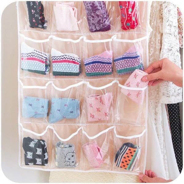 Hanging Organizer Bag with 16 Clear Over-Door Pockets, Shoe Rack