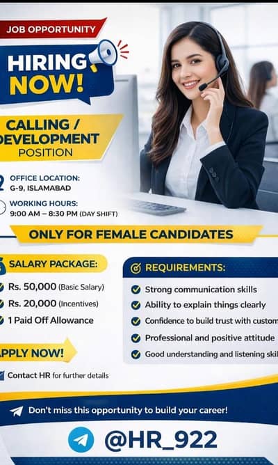 calling and developing job for Females only