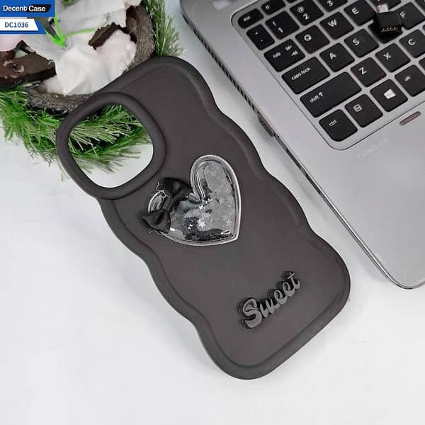 3D Love Heart Cover for iPhone 12 Pro Max - Black with Moving Glitter Stars and Bow Design in Soft Silicone