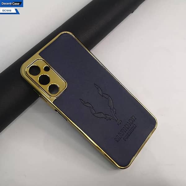 Samsung Galaxy A14 Blue Cover - Premier Leather Markhor Series with Gold Border Case