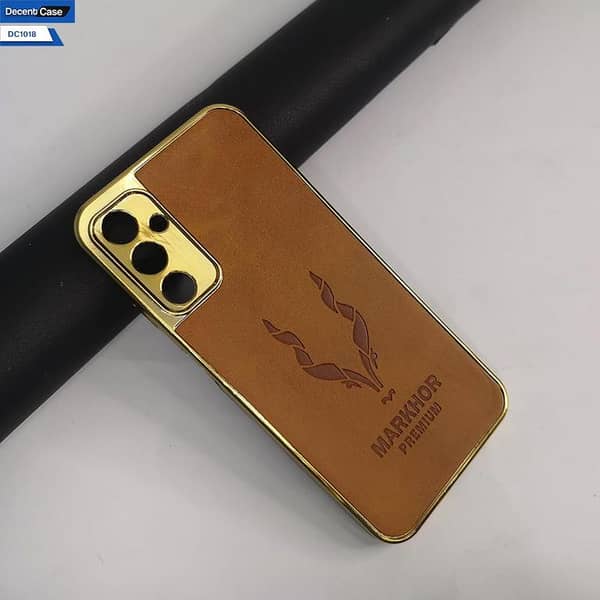 Brown Premier Leather Markhor Series Case with Gold Border for Samsung Galaxy A14 5G