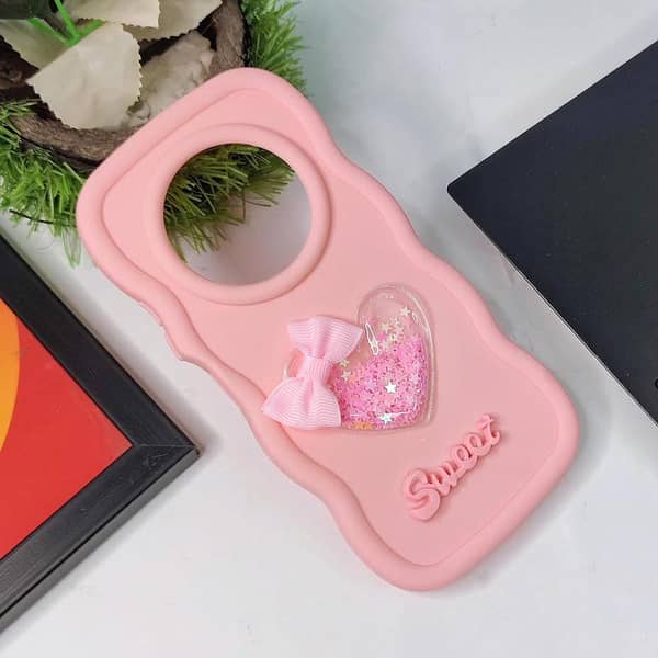 Xiaomi Redmi 14R 3D Love Heart Case with Moving Glitter Stars and Bow in Soft Silicone