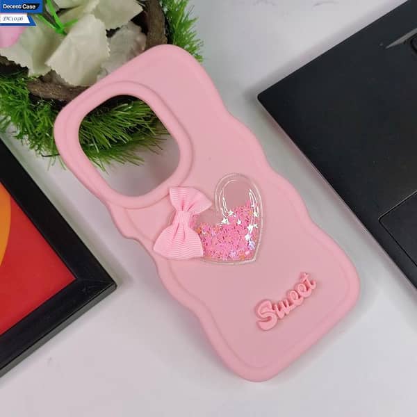 Tecno Camon 20 Pro Cover - Pink 3D Love Heart with Moving Glitter Stars and Bow Soft Silicone Case