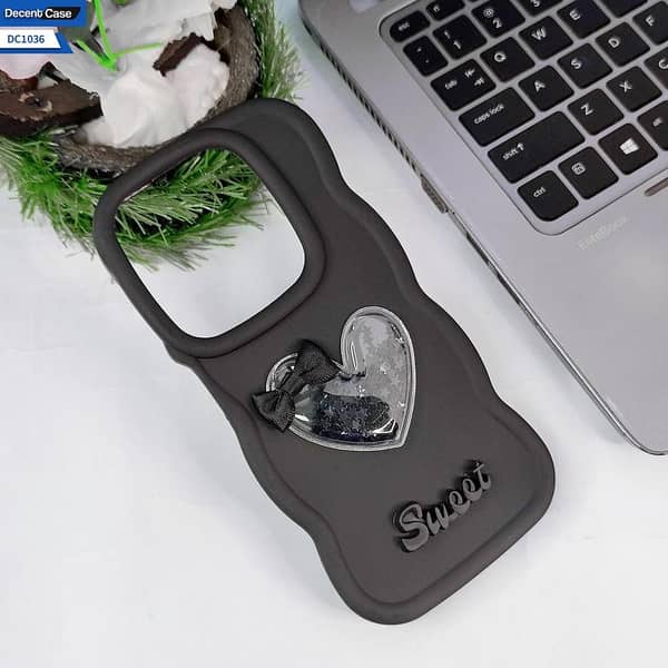 Itel P55 4G Silicone Case - Black with 3D Love Heart and Glittering Bow Design