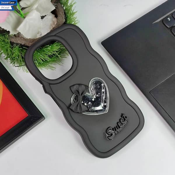 Tecno Spark Go 2025 Soft Silicone Case - Black with 3D Love Heart and Moving Glitter Stars