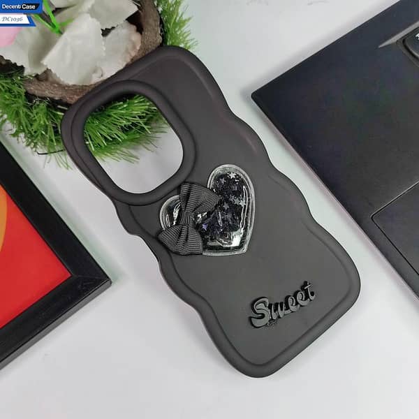 Tecno Camon 20 Black Cover - 3D Love Heart Design with Moving Glitter Stars and Sweet Candy Color Soft Silicone Case