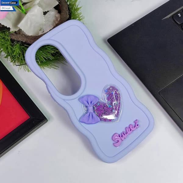 Vivo S19 Pro Soft Silicon Case - Purple 3D Love Heart Design with Moving Shiny Stars and Candy Bow