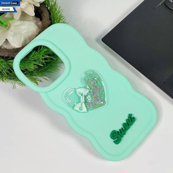 Xiaomi Redmi Note 13R Light Green Soft Silicon Case with 3D Love Heart and Moving Shiny Stars