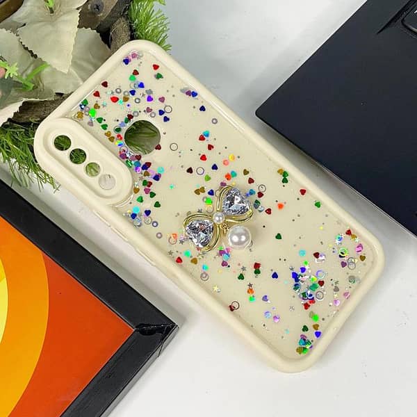 Off White Liquid Glitter Phone Case for Tecno Camon 12 with Butterfly Charm
