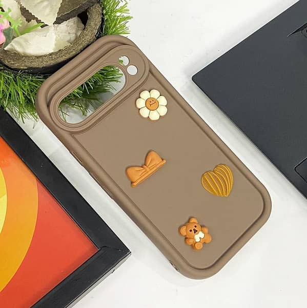 Brown Soft Silicone Case with Cute Bear & Flower for Google Pixel 9 Pro