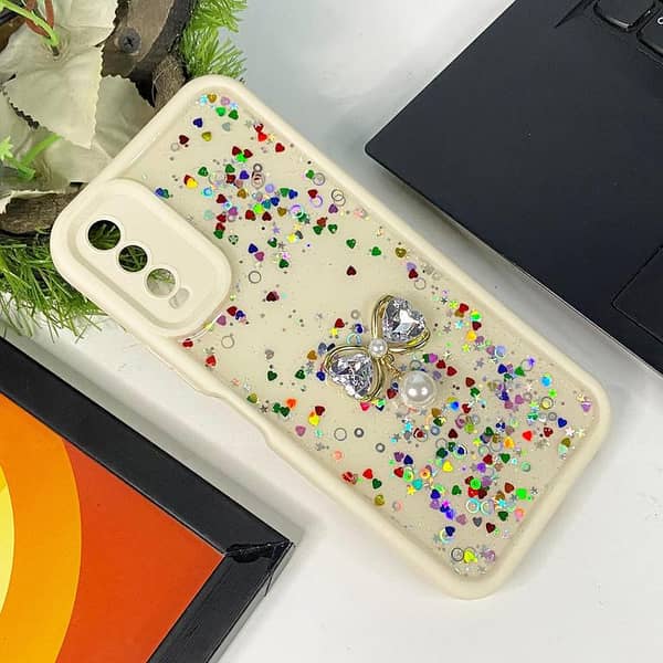 Off White Vivo Y20T Cover - Liquid Glitter Phone Case with Butterfly Charm for Girls