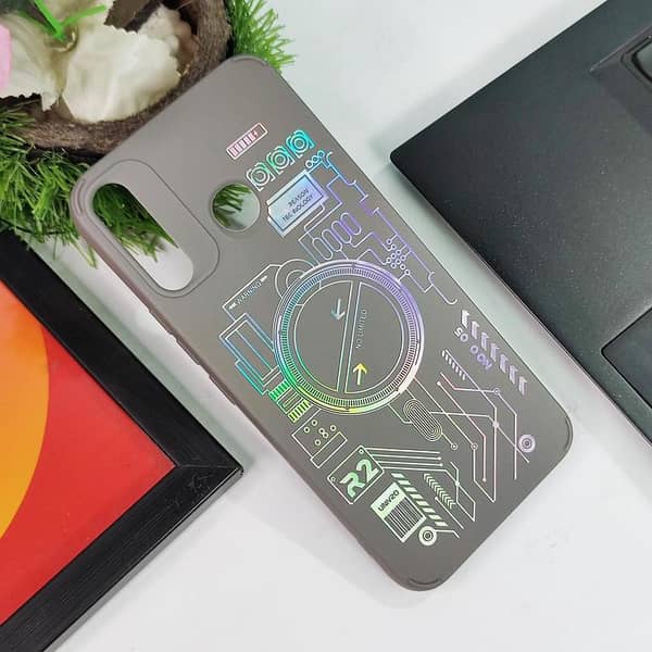 Gray Phone Case for Tecno Spark 4 with Holographic Circuit Design in Soft Silicone
