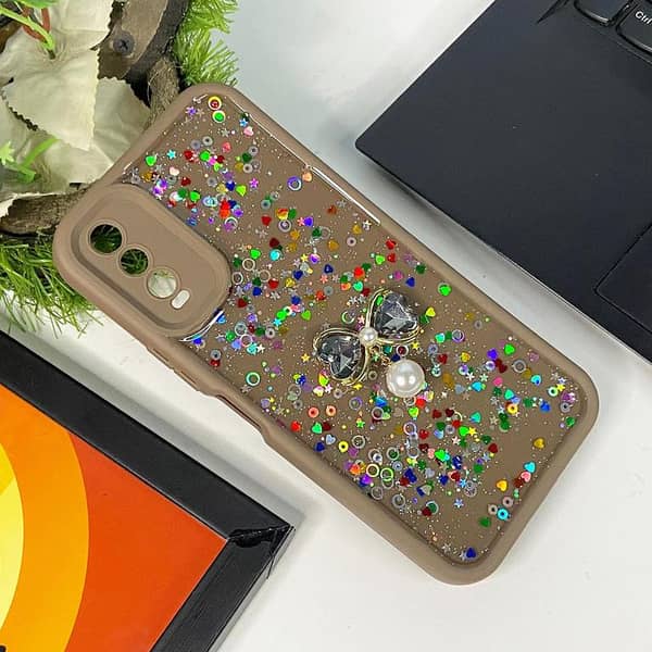 Brown Liquid Glitter Phone Case with Butterfly Charm for Vivo Y20