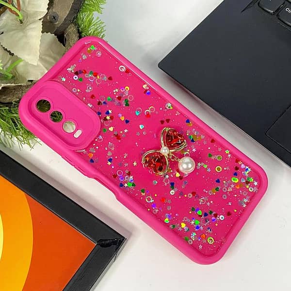 Rose Red Liquid Glitter Phone Case with Butterfly Charm for Vivo Y12a