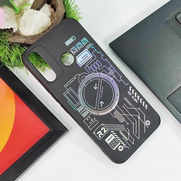 Infinix Hot 8 Black Soft Silicone Case with Holographic Circuit Design