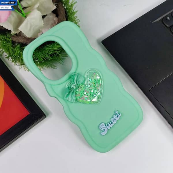 Light Green 3D Love Heart Cover for Tecno Camon 20 with Moving Glitter Stars and Bow Design, Soft Silicone Case