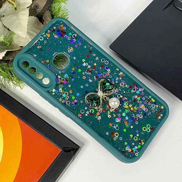 Green Liquid Glitter Phone Case for Tecno Spark 4 with Butterfly Charm