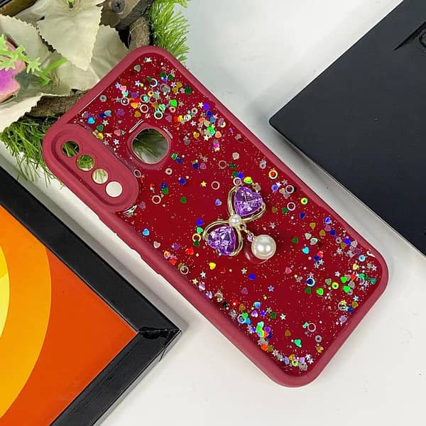 Red Liquid Glitter Phone Case with Butterfly Charm for Tecno Camon 12