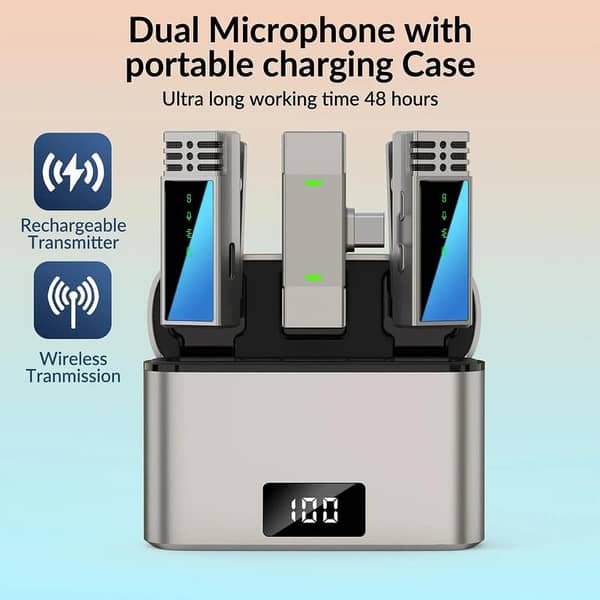 MW-15: 2.4G Wireless Microphone for Mobile with Lightning USB-C Dual Receiver, 28H Battery