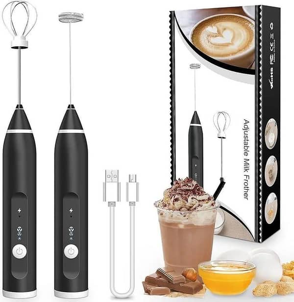 Coffee Beater Milk Frother, USB Rechargeable, 3-Speed Handheld Electric Foam Maker with 2 Stainless Whisks