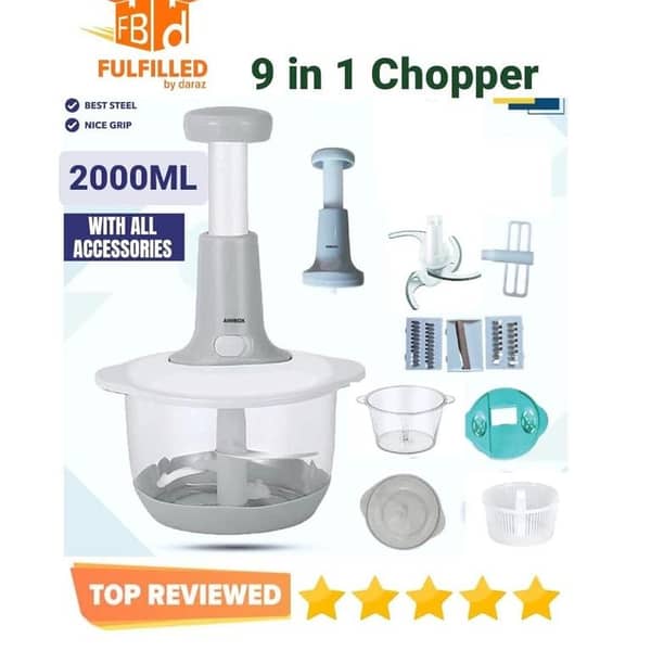 Manual Hand Operated 2000 ml Chopper with Free 3 Blades, Portable Container and Easy-Clean Kitchen Gadget