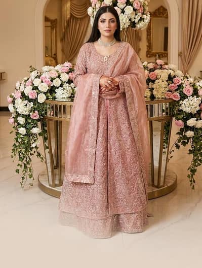 Stunning Designer Embroidered Maxi / Pishwas - Blush Pink