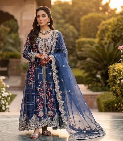 Elegant Royal Blue Embroidered Pishwas/Maxi - Designer Wedding Wear