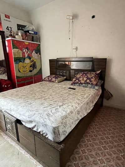 One Wooden Bed With 2 Side Tables,Almari with Mirror with shelves