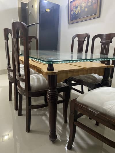 6-Seater Wooden Dining Table with Glass Top – Used, Good Conditio