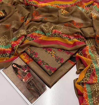 3 Pcs Women's Unstitched Digital Print Suit