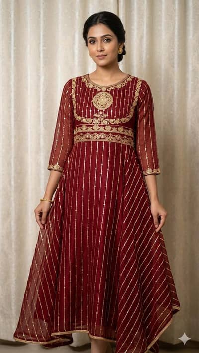 Maroon and Gold Heavy Embroidered Anarkali